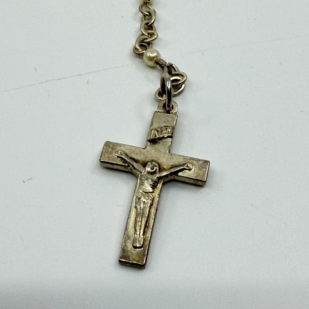 Silver Tone Faux Pearl Rosary Necklace Crucifix Cross Pendant Catholic Jewelry